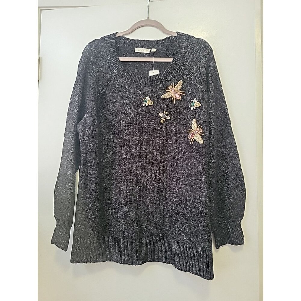 Loralette Women’s Sweater Pullover Round Neck Rhinestone Bumblebee Black 2X